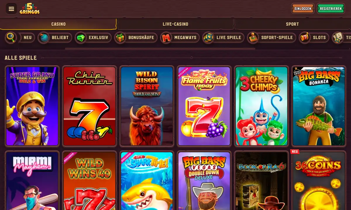 Spielelobby von 5Gringos Casino mit der Kategorieleiste und Spielkacheln, die jeweils einen Knopf für den Demo-Modus tragen