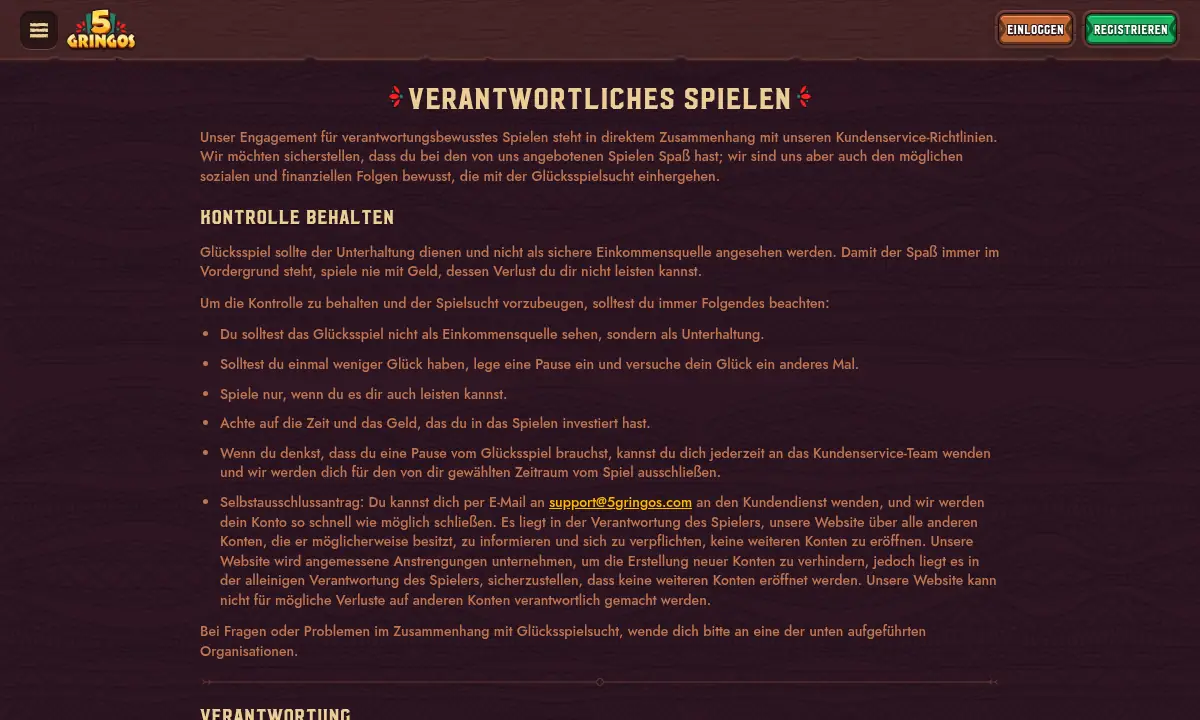 Seite für verantwortliches Spielen von 5Gringos Casino mit einer Liste von Verhaltensregeln und dem Hinweis auf den Selbstausschluss per E-Mail