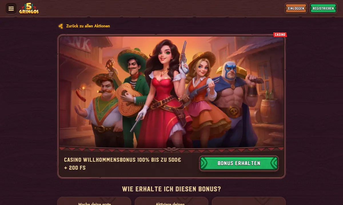 Angebotsseite von 5Gringos Casino mit dem Willkommensbonus 100 Prozent bis zu 500 Euro und 200 Freispielen über einer Westernszene