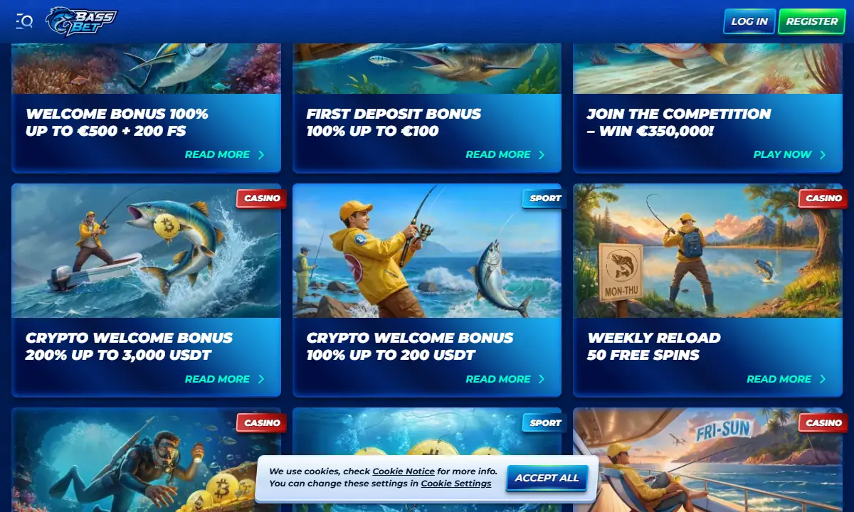 Aktionsübersicht von BassBet Casino mit dem Willkommensbonus, dem Sportbonus und den Krypto-Angeboten