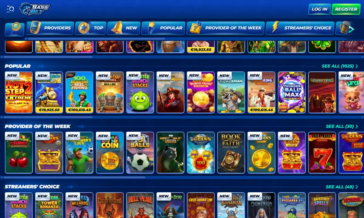 Spielelobby von BassBet Casino mit den Reihen Popular, Provider of the Week und Streamers' Choice