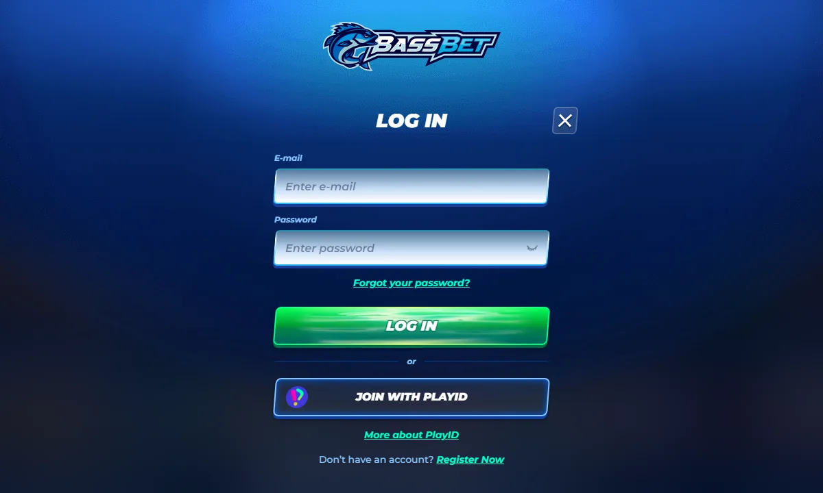Anmeldefenster von BassBet Casino ohne Eingaben, mit grünem Anmeldeknopf und der Alternative ‚Join with PlayID‘