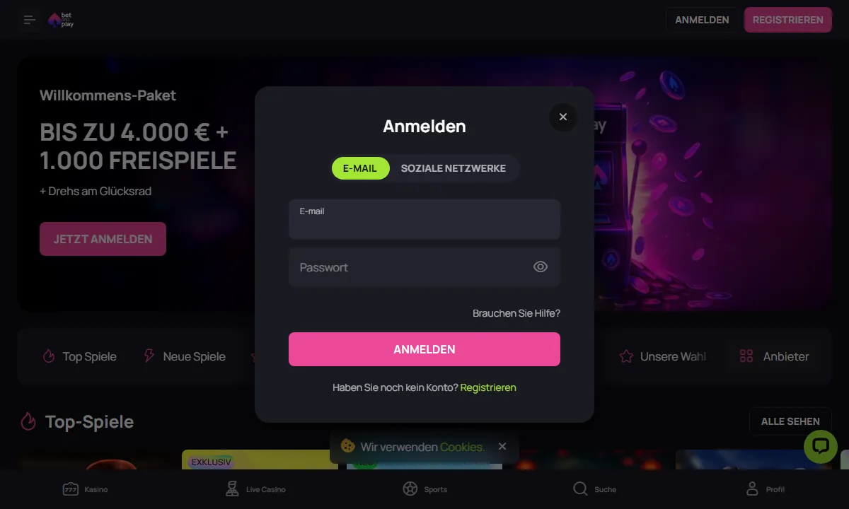 Leeres Anmeldefenster von BetandPlay Casino mit den Reitern E-Mail und Soziale Netzwerke sowie Feldern für E-Mail und Passwort
