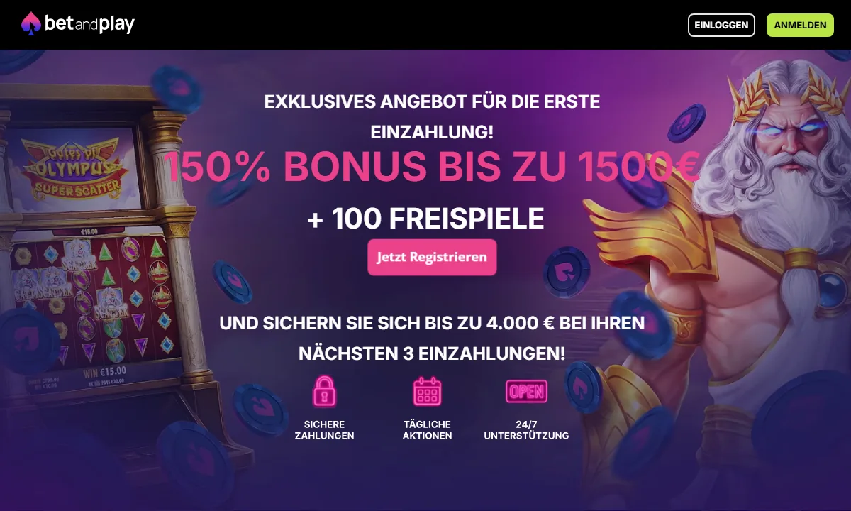 Landingpage von BetandPlay Casino mit dem exklusiven Angebot 150% Bonus bis zu 1500 Euro und 100 Freispielen für die erste Einzahlung