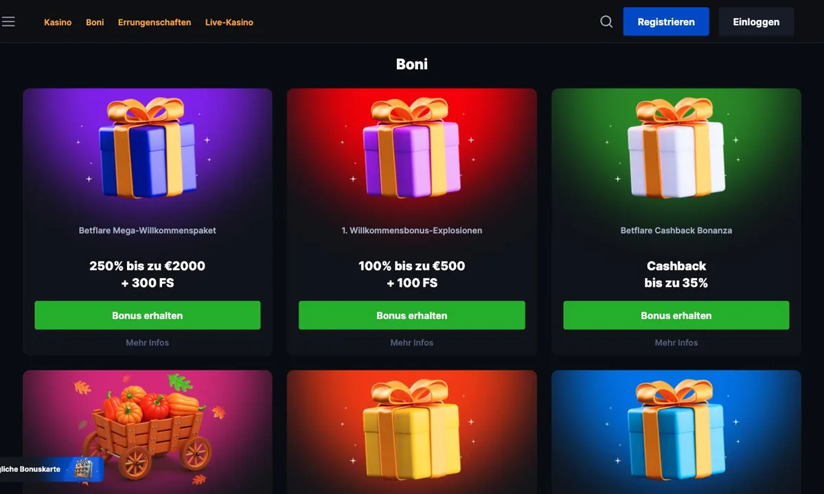 Aktionsseite von Betflare Casino mit dem Mega-Willkommenspaket, der Cashback Bonanza und weiteren Boni-Kacheln