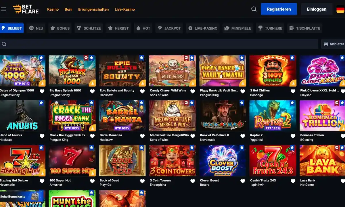 Spielelobby von Betflare Casino mit Slot-Kacheln wie Gates of Olympus 1000, Book of Ra Deluxe 6 und Sizzling Hot Deluxe