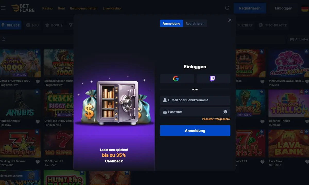 Leeres Anmeldefenster von Betflare Casino mit Feldern für E-Mail und Passwort
