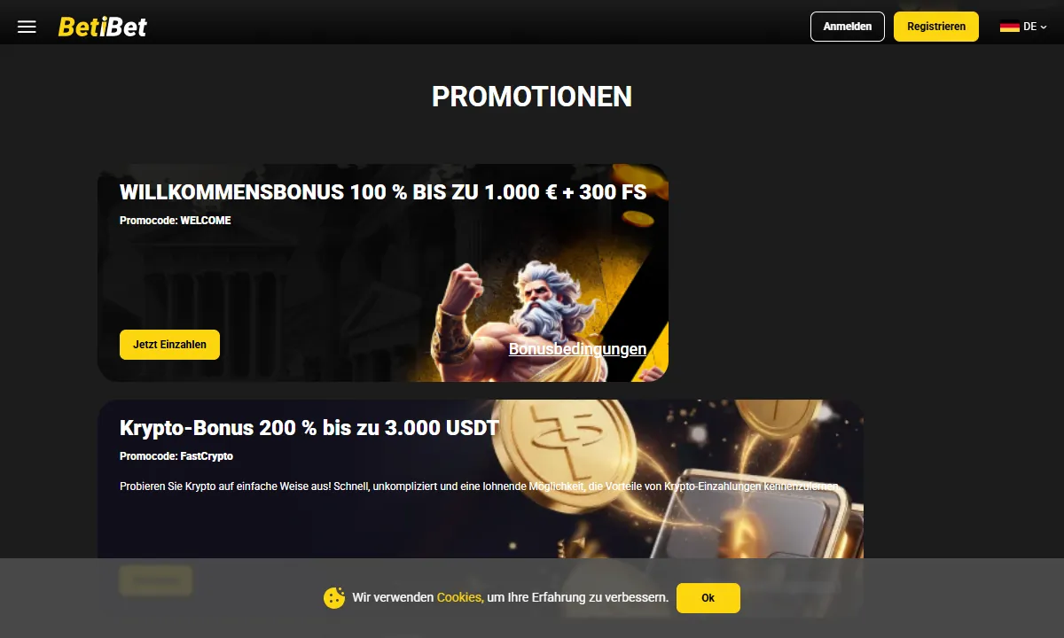 Aktionsseite von BetiBet Casino mit der Karte Willkommensbonus 100 % bis zu 1.000 € + 300 FS und dem Promocode WELCOME, darunter die Karte Krypto-Bonus 200 % bis zu 3.000 USDT mit dem Code FastCrypto