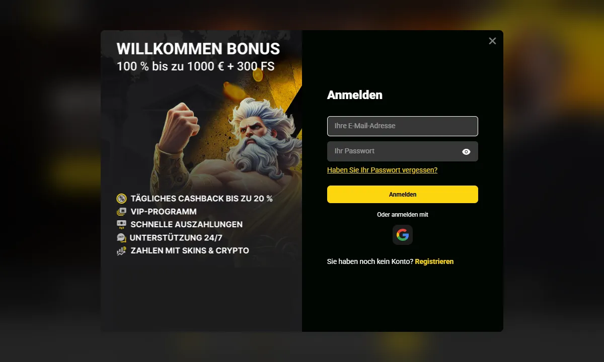 Leeres Anmeldefenster von BetiBet Casino mit Feldern für E-Mail-Adresse und Passwort, einem Google-Knopf und links dem Hinweis Willkommen Bonus 100 % bis zu 1000 € + 300 FS neben einer bärtigen Götterfigur