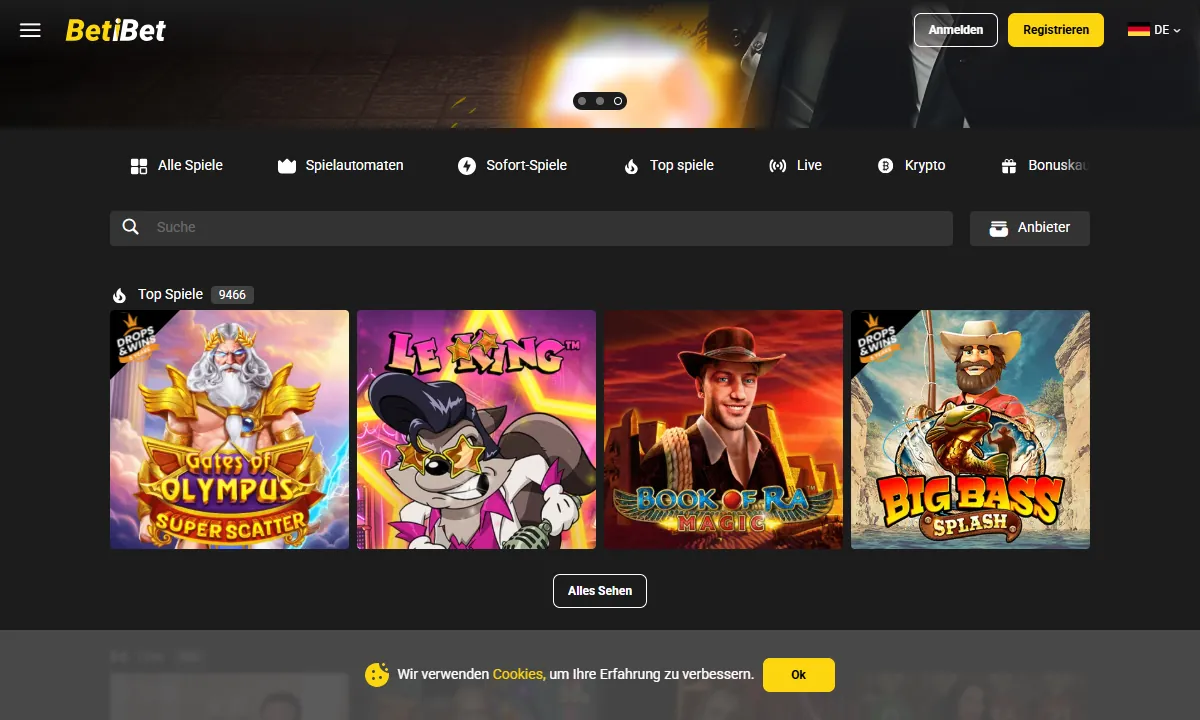 Startseite von BetiBet Casino mit der Kategorieleiste von Alle Spiele bis Bonuskauf, dem Suchfeld und der Rubrik Top Spiele mit dem Zähler 9466 über Kacheln von Gates of Olympus Super Scatter, Le King, Book of Ra Magic und Big Bass Splash