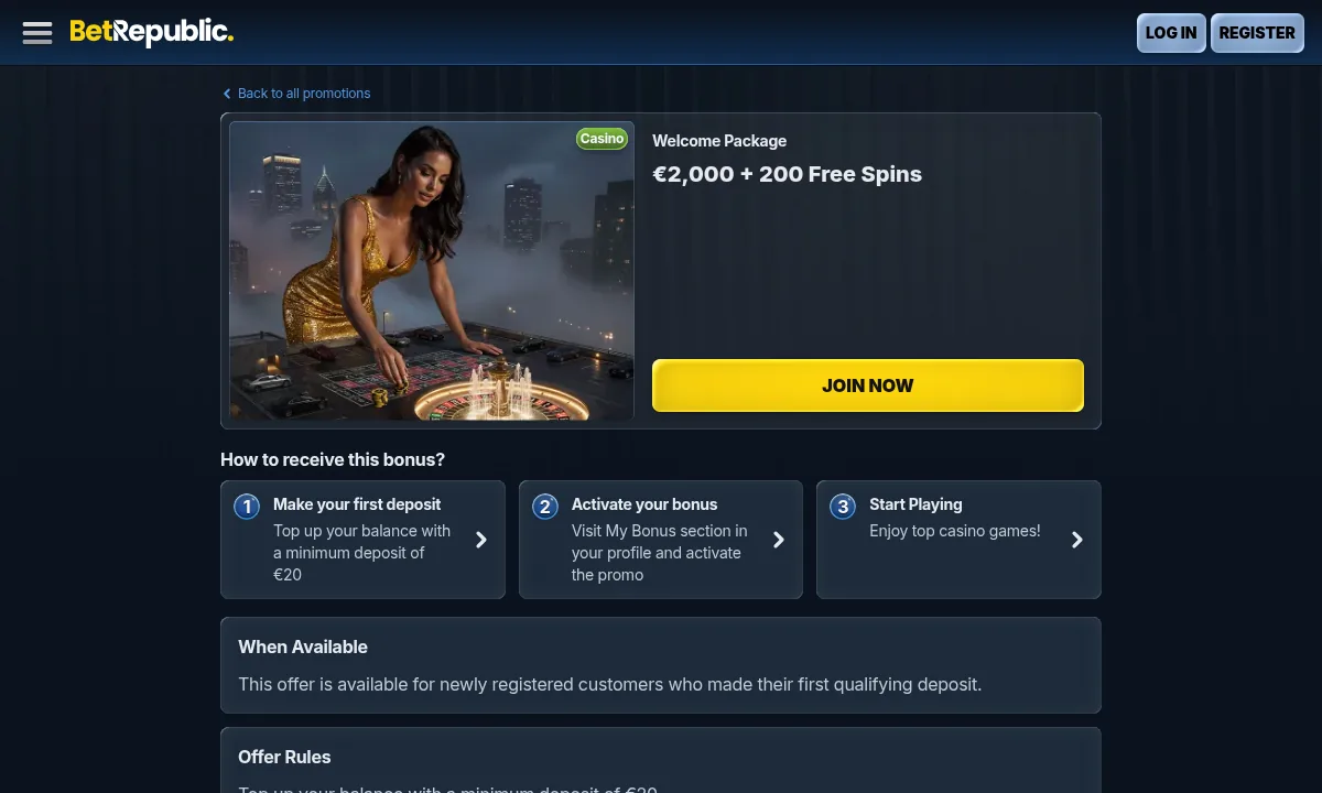 Aktionsseite von BetRepublic Casino mit dem Willkommenspaket über 2.000€ und 200 Freispiele und den drei Schritten zur Freischaltung