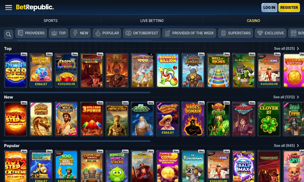 Spielelobby von BetRepublic Casino mit den Reihen Top, Neu und Beliebt und den Zählern über jeder Reihe