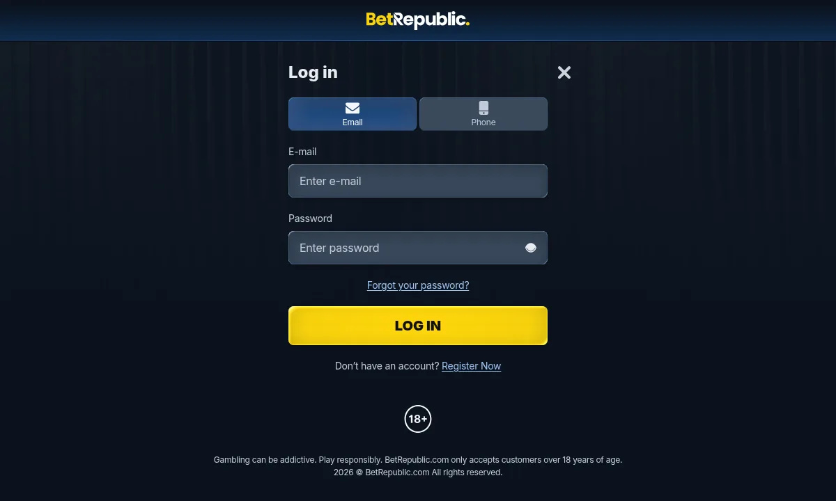 Leeres Anmeldefenster von BetRepublic Casino mit den Reitern Email und Phone und dem gelben Log-in-Knopf