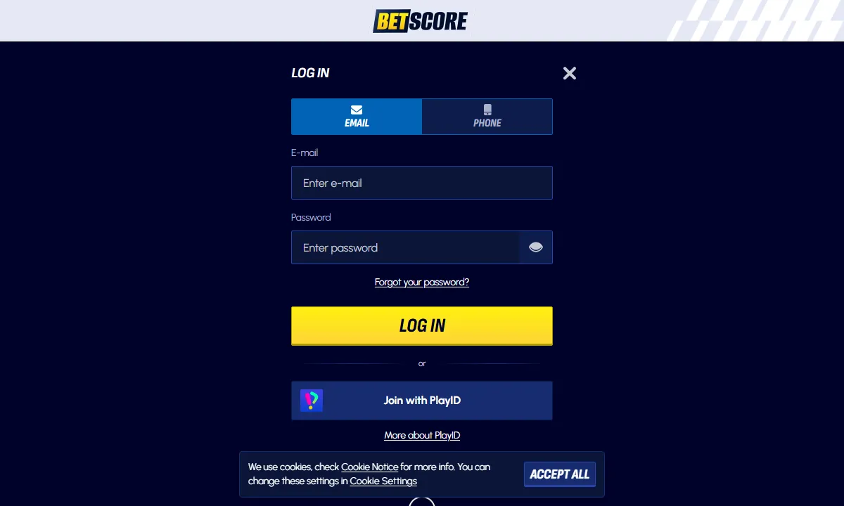 Leeres Anmeldefenster von BetScore Casino mit den Reitern E-Mail und Telefon, den Feldern für E-Mail und Passwort und der Schaltfläche Join with PlayID