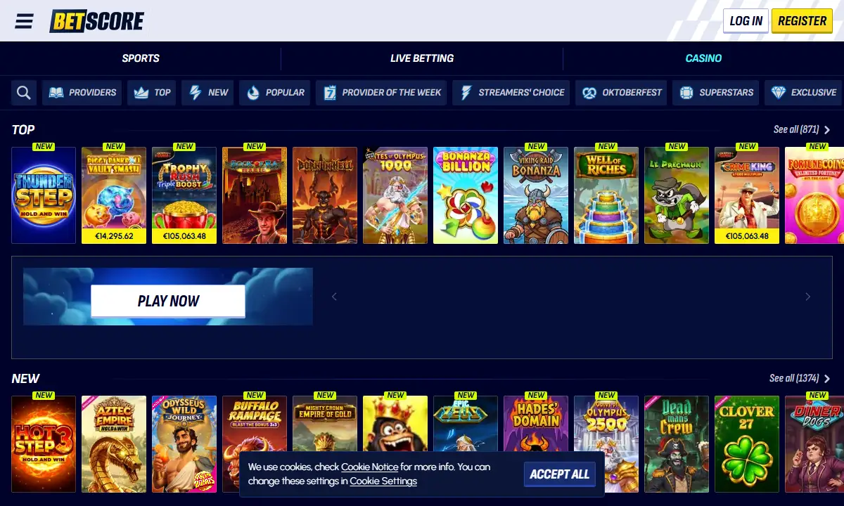 Spielelobby von BetScore Casino mit der Kategorieleiste, der Reihe Top mit dem Zähler 871 und der Reihe New darunter