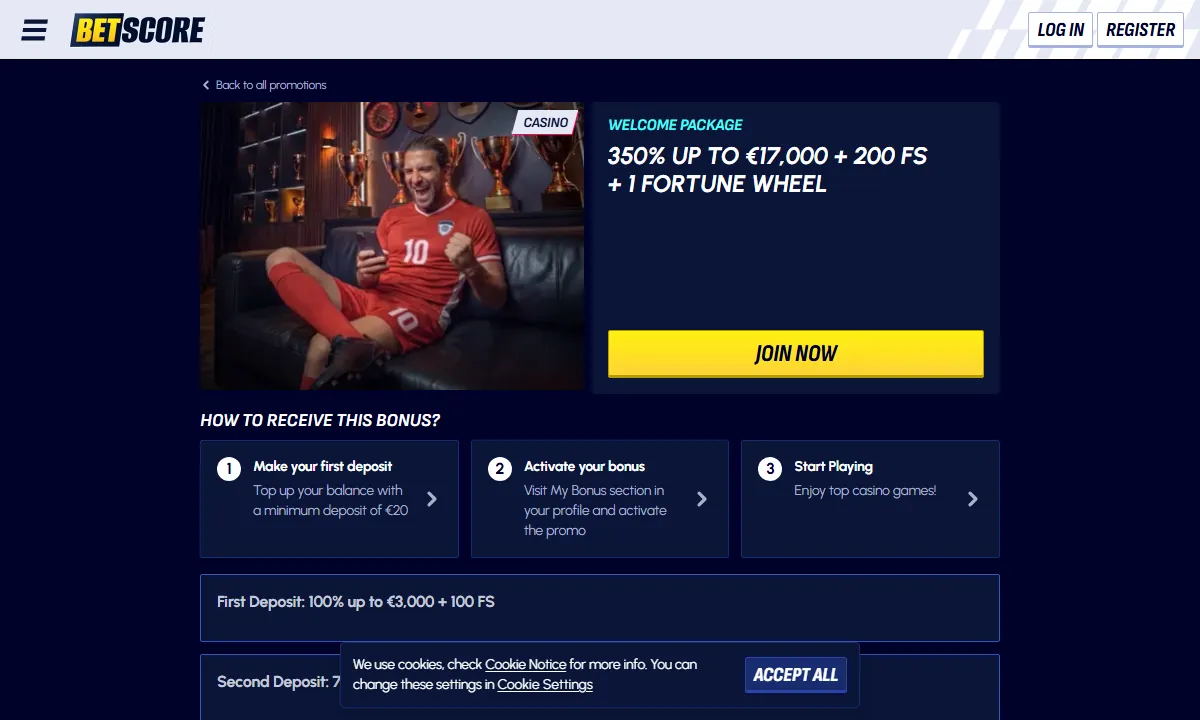 Angebotsseite von BetScore Casino mit dem Willkommenspaket 350% bis 17.000 Euro, 200 Freispielen und einem Dreh am Fortune Wheel sowie den drei Schritten zur Aktivierung