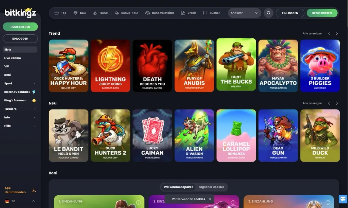 Spielelobby von BitKingz Casino mit den Kategorien Trend und Neu