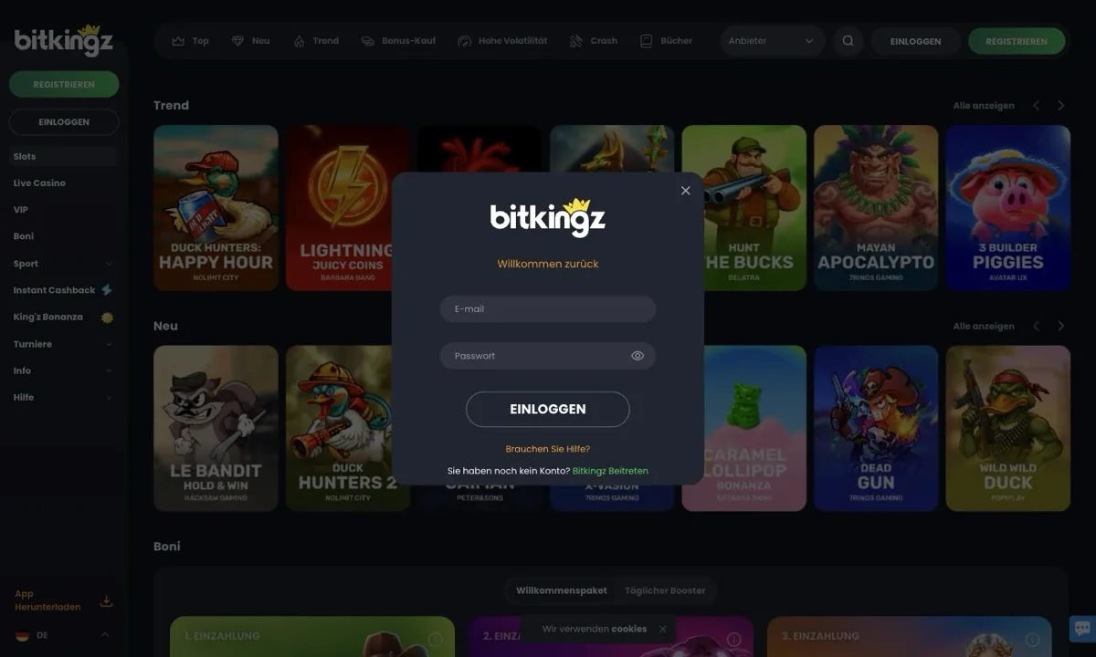 Das leere Anmeldefenster von BitKingz Casino mit Eingabe für E-Mail und Passwort