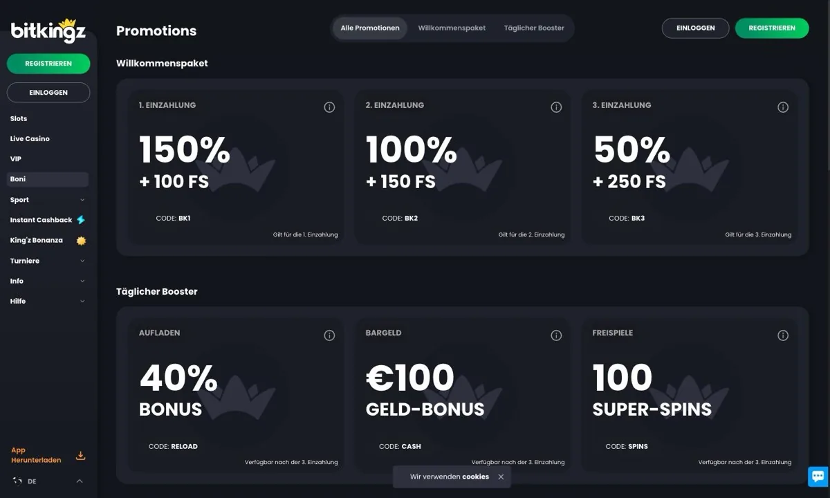 Angebotsseite von BitKingz Casino mit den drei Stufen des Willkommenspakets und den täglichen Bonusaktionen