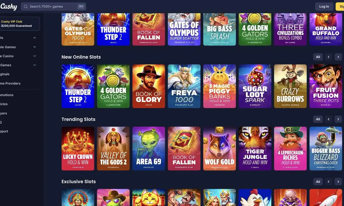 Spielauswahl von Cashy Casino mit den Reihen Popular, New und Trending Slots