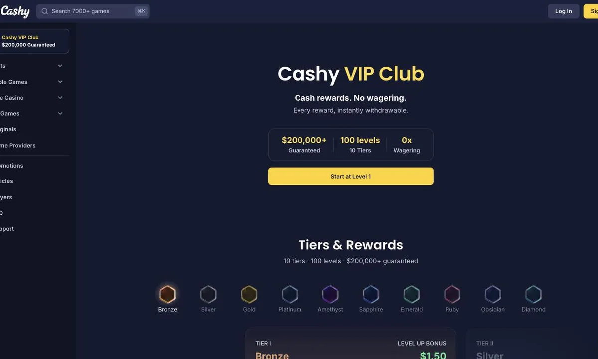 VIP Club von Cashy Casino mit 100 Stufen, zehn Rängen und dem Hinweis auf 0x Umsatz