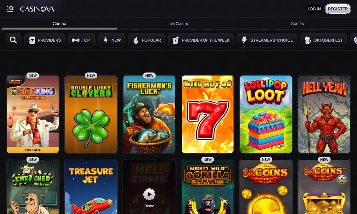 Casino-Lobby von Casinova Casino mit der Leiste Providers, Top, New, Popular, Provider of the Week, Streamers' Choice und Oktoberfest über zwölf Spielkacheln, darunter Crime King und Fisherman's Luck