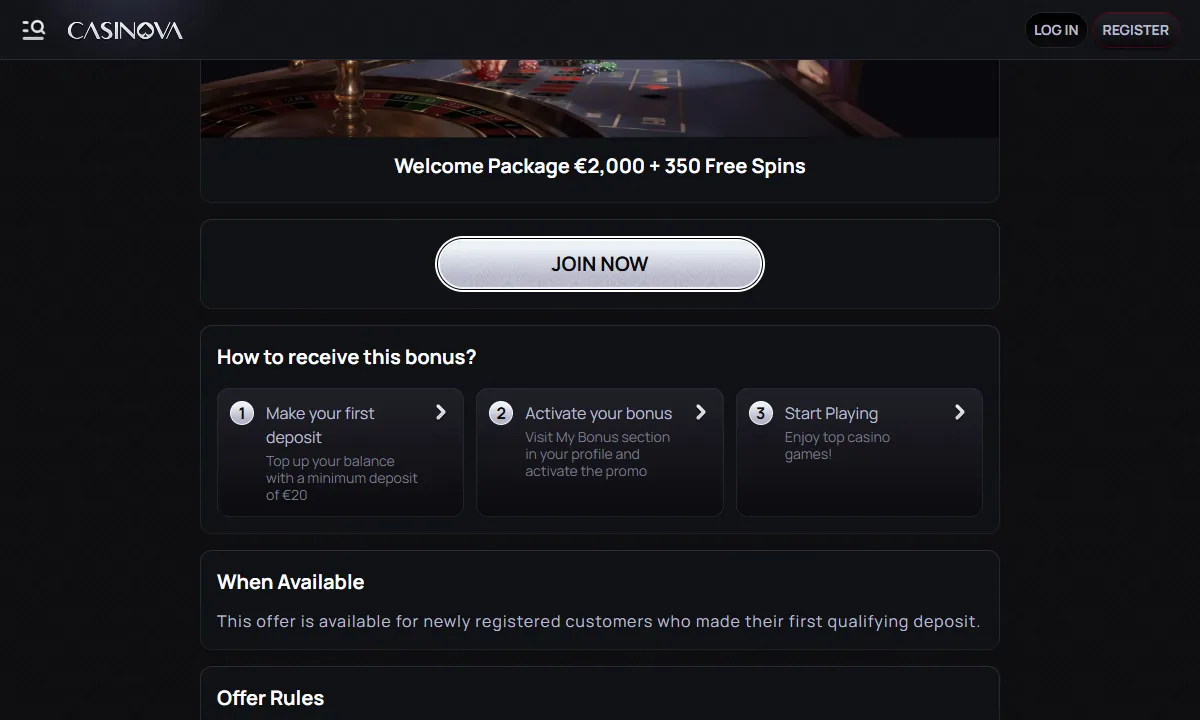 Angebotsseite Welcome Package von Casinova Casino mit der Zeile 2.000 Euro und 350 Free Spins, dem Knopf Join Now und drei Kästen zur Aktivierung