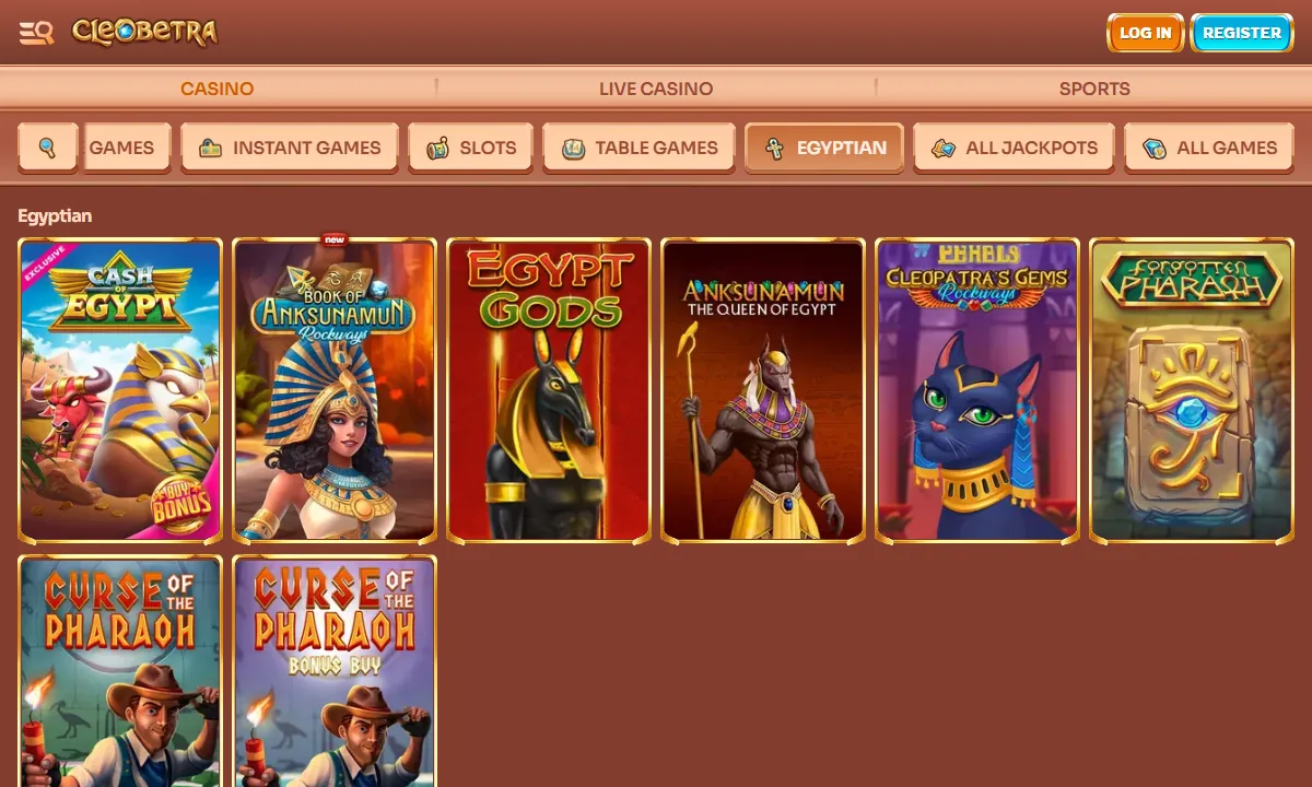 Kategorie Egyptian in der Lobby von Cleobetra Casino mit acht Spielkacheln, darunter Cash of Egypt, Egypt Gods und Curse of the Pharaoh
