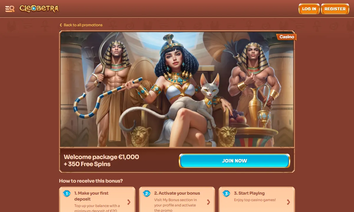 Aktionsseite von Cleobetra Casino mit dem Willkommenspaket über 1.000 Euro und 350 Freispiele, einem Pharao-Motiv und dem Knopf Join now