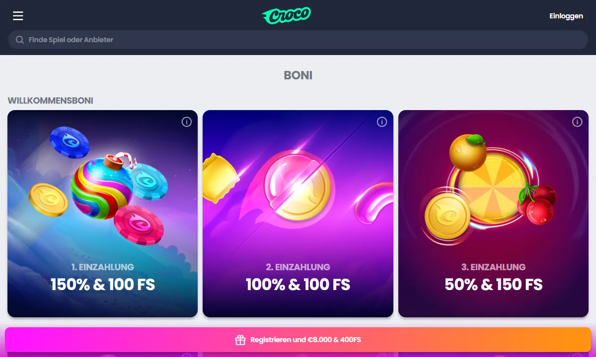 Aktionsseite von CrocoSlots Casino mit den drei Willkommensbonus-Karten 150% und 100 FS, 100% und 100 FS sowie 50% und 150 FS
