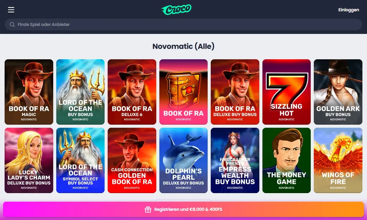 Novomatic-Lobby von CrocoSlots Casino mit Book of Ra, Book of Ra deluxe 6, Sizzling Hot und Lord of the Ocean