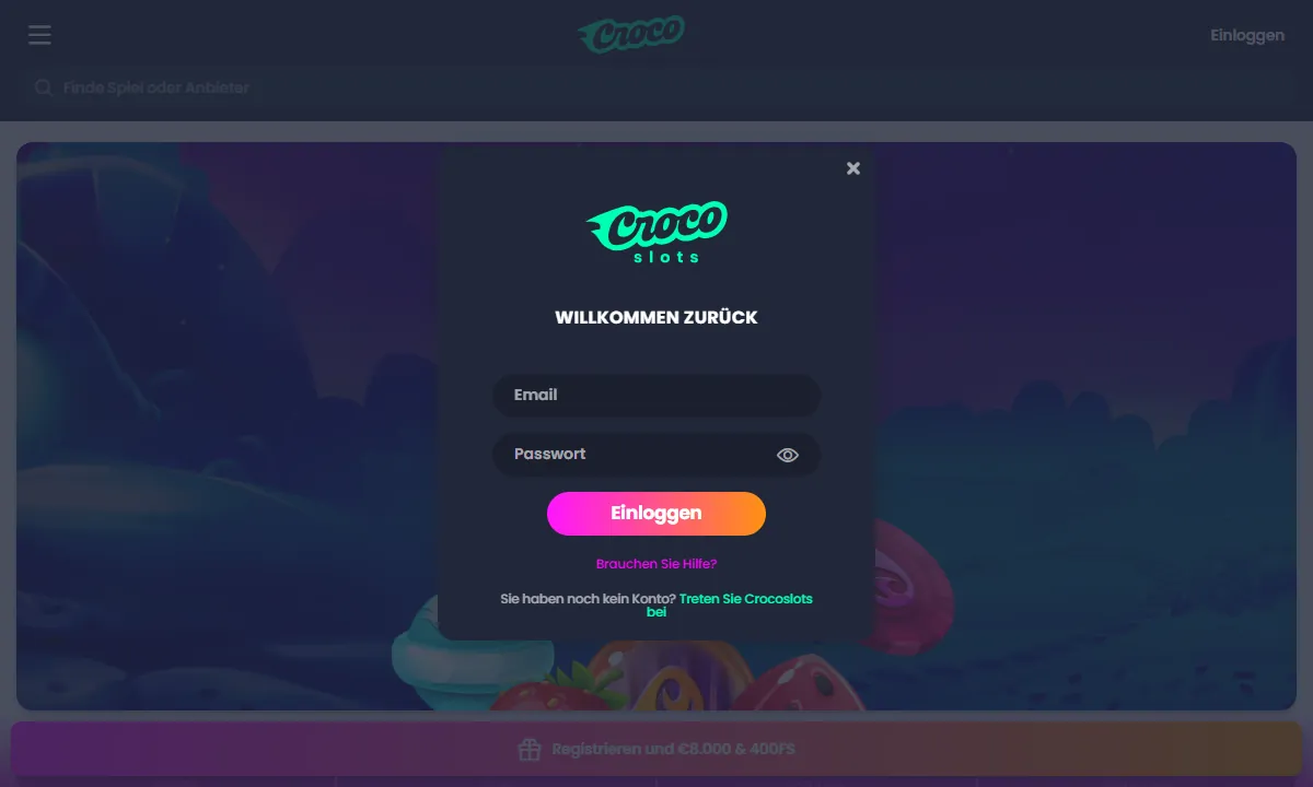 Leeres Anmeldefenster von CrocoSlots Casino mit den Feldern E-Mail und Passwort