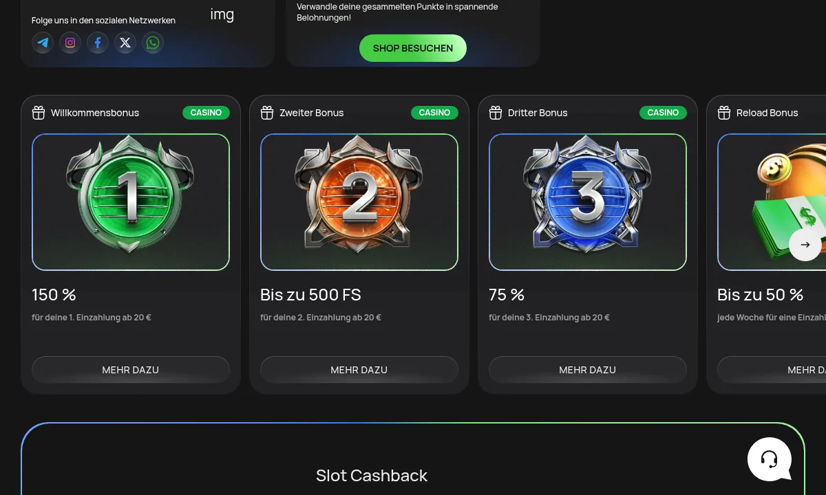 Bonusseite von Flagman Casino mit den Karten Willkommensbonus 150 Prozent, Zweiter Bonus bis zu 500 Freispiele und Dritter Bonus 75 Prozent, jeweils ab 20 Euro