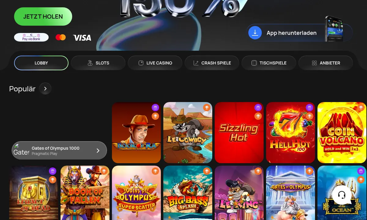 Lobby von Flagman Casino mit den Reitern Lobby, Slots, Live Casino, Crash Spiele, Tischspiele und Anbieter über der Reihe Populär
