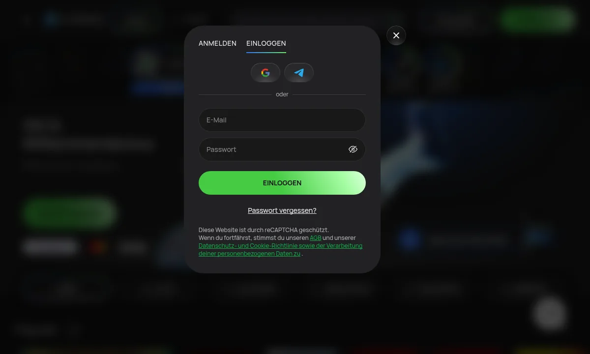 Leeres Login-Fenster von Flagman Casino mit den Feldern für E-Mail und Passwort und den Schaltflächen für Google und Telegram
