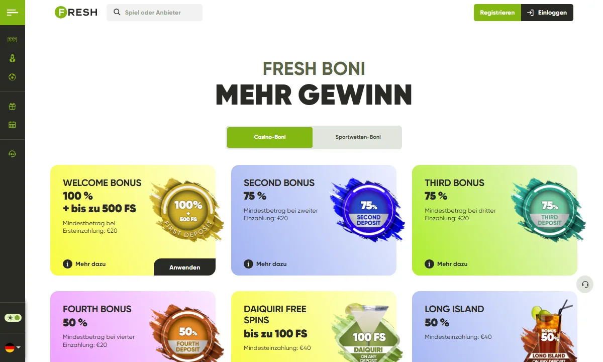 Bonusübersicht von Fresh Casino mit den Karten Welcome Bonus 100% plus bis zu 500 Freispiele, Second Bonus 75%, Third Bonus 75%, Fourth Bonus 50%, Daiquiri Free Spins und Long Island