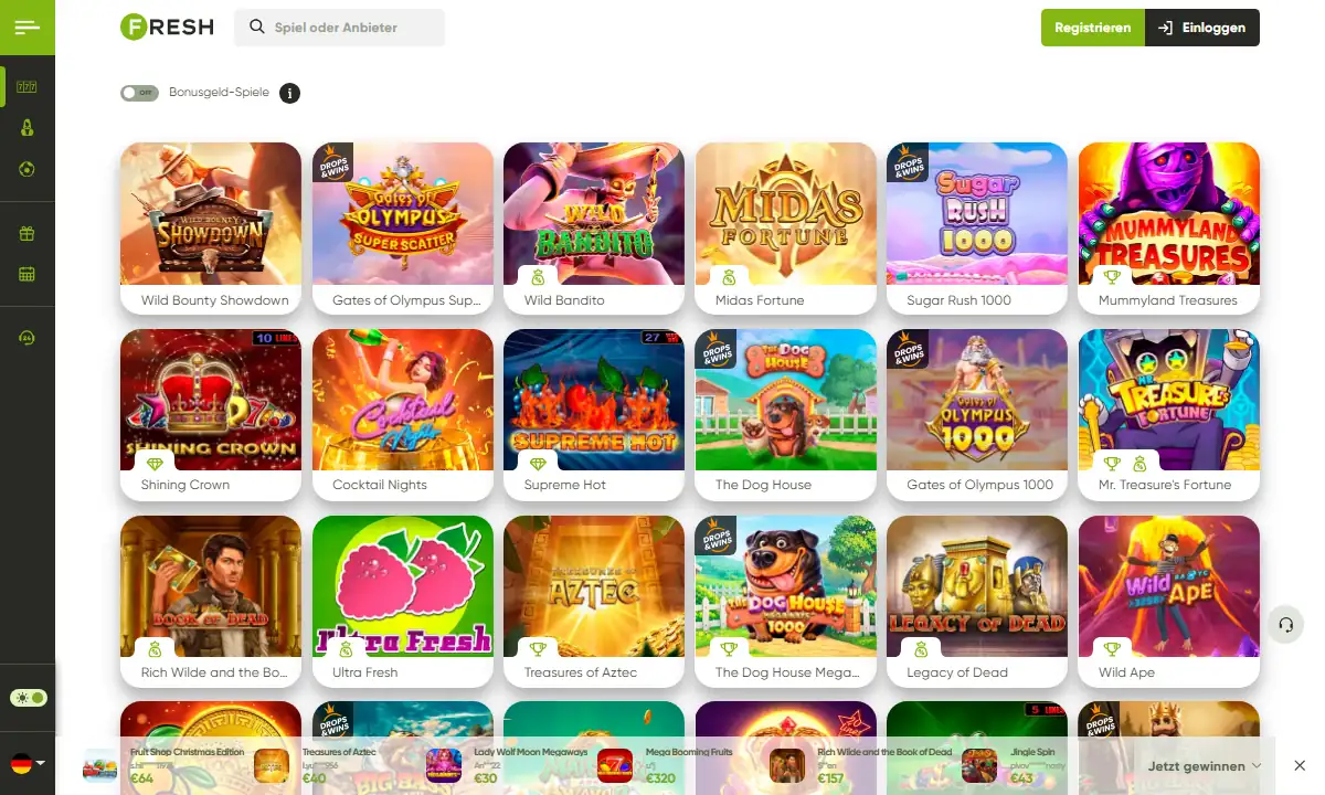 Slot-Lobby von Fresh Casino mit dem Schalter Bonusgeld-Spiele und Kacheln für Wild Bounty Showdown, Mummyland Treasures, Shining Crown, Ultra Fresh und Legacy of Dead
