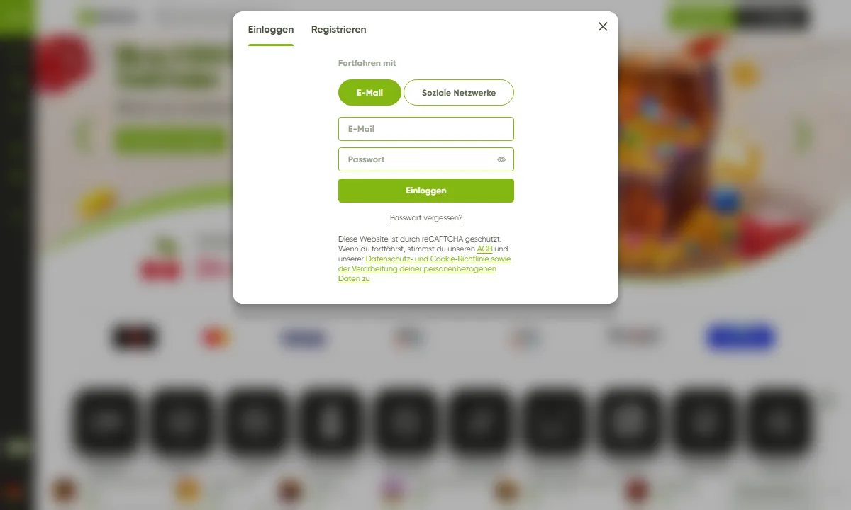 Leeres Anmeldefenster von Fresh Casino mit den Reitern Einloggen und Registrieren, Auswahl E-Mail oder Soziale Netzwerke und Feldern für E-Mail und Passwort
