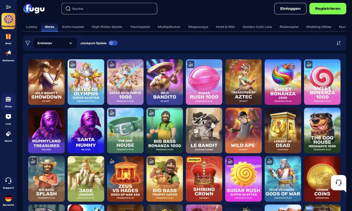 Slot-Lobby von Fugu Casino mit Spielen von Pragmatic Play, PG Soft und weiteren Anbietern
