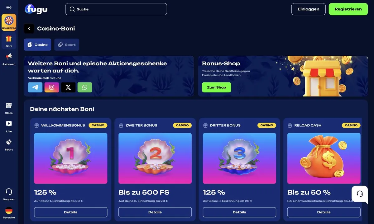 Übersicht der Casino-Boni von Fugu Casino mit den drei gestaffelten Willkommensboni und dem Reload Cash