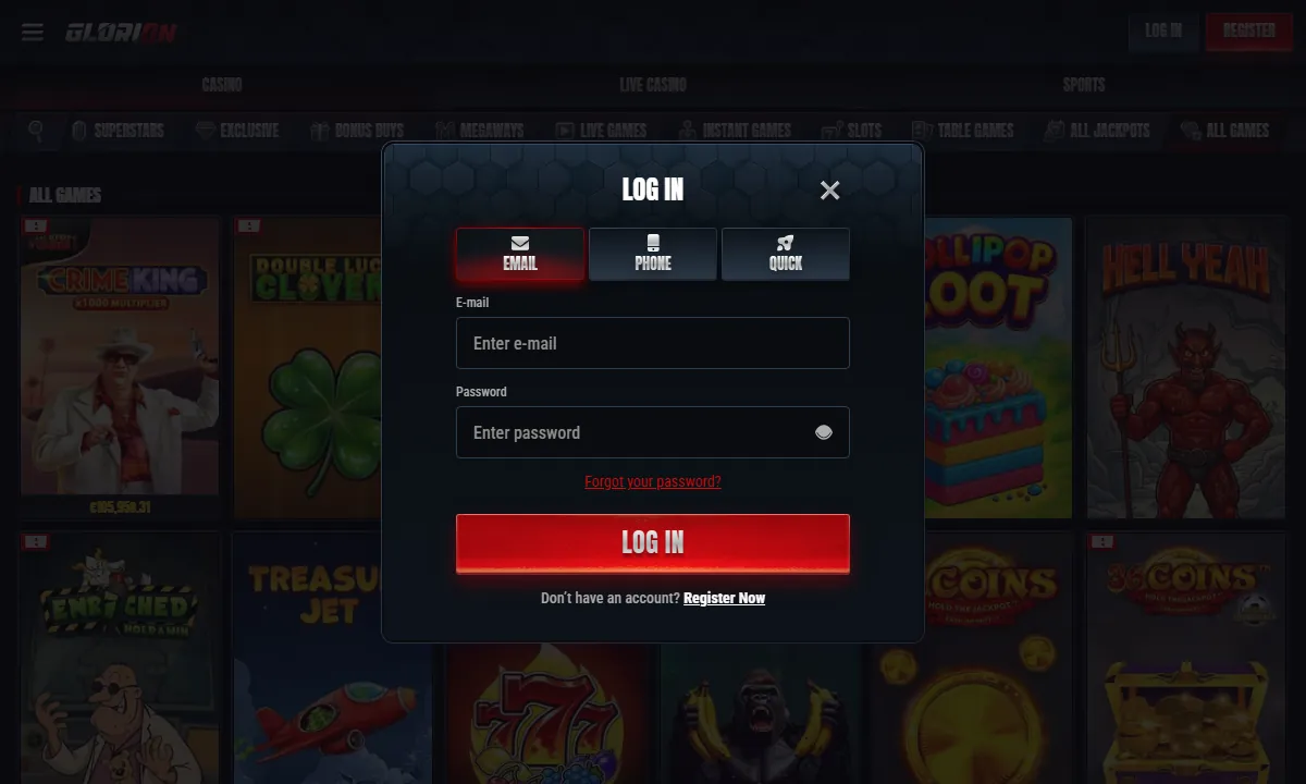 Leeres Anmeldefenster von Glorion Casino mit den Reitern Email, Phone und Quick sowie Feldern für E-Mail und Passwort
