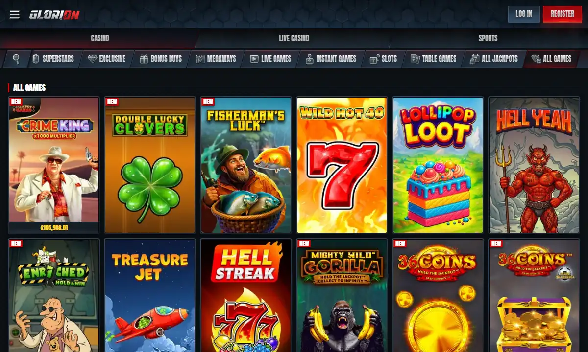 Spielelobby von Glorion Casino mit der Liste All Games, der Kategorieleiste von Superstars bis All Jackpots und den ersten zwölf Spielkacheln, darunter Crime King und Hell Streak