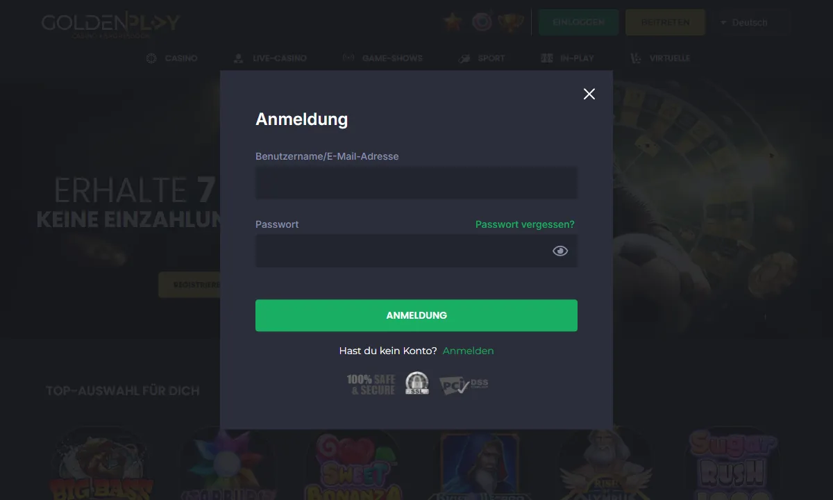 Leeres Anmeldefenster von GoldenPlay Casino mit den Feldern Benutzername oder E-Mail-Adresse und Passwort, dem grünen Knopf Anmeldung und dem Link Passwort vergessen
