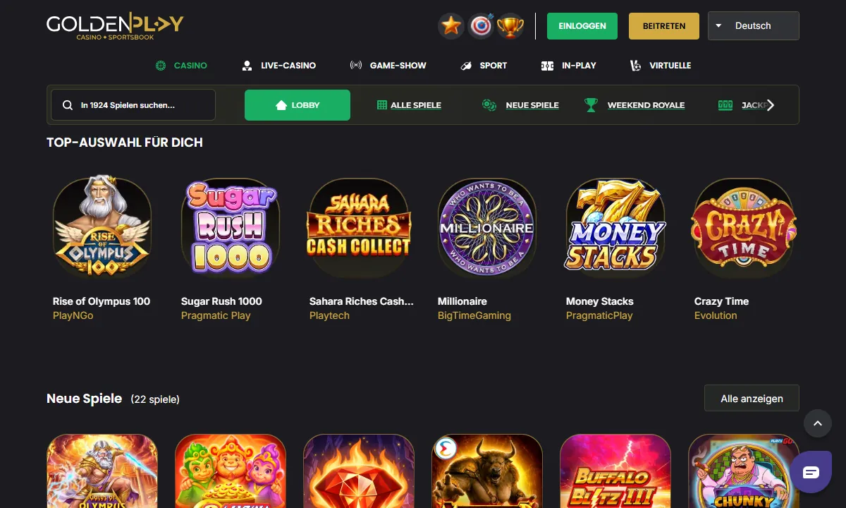 Casino-Lobby von GoldenPlay Casino mit dem Suchfeld In 1924 Spielen suchen, den Reitern Lobby, Alle Spiele, Neue Spiele und Weekend Royale und der Reihe Top-Auswahl für dich