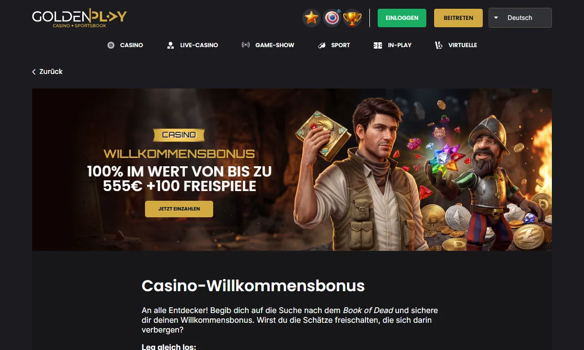 Aktionsseite von GoldenPlay Casino mit dem Banner Willkommensbonus 100% im Wert von bis zu 555 Euro plus 100 Freispiele, rechts ein Abenteurer mit dem Buch aus Book of Dead
