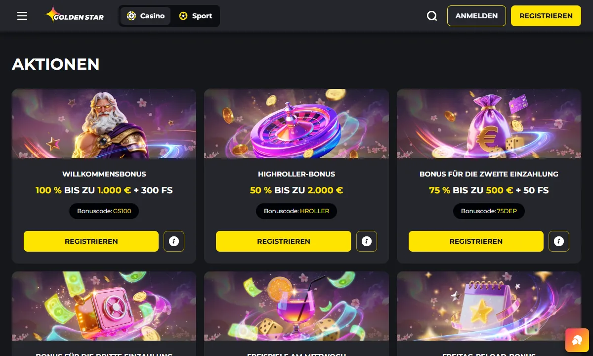 Aktionsseite von GoldenStar Casino mit den Karten Willkommensbonus 100 Prozent bis 1.000 Euro plus 300 Freispiele mit Code GS100, Highroller-Bonus mit Code HROLLER und Bonus für die zweite Einzahlung mit Code 75DEP