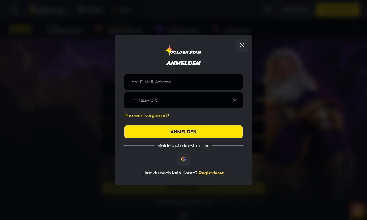 Leeres Anmeldefenster von GoldenStar Casino mit Feldern für E-Mail-Adresse und Passwort, dem Link Passwort vergessen und einem Google-Knopf