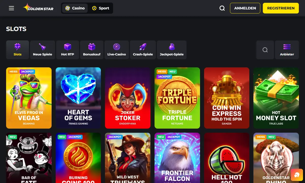 Slot-Lobby von GoldenStar Casino mit Reitern von Slots bis Jackpot-Spiele und Kacheln für Elvis Frog in Vegas, Heart of Gems, Joker Stoker, Triple Fortune und Goldenstar Rhino