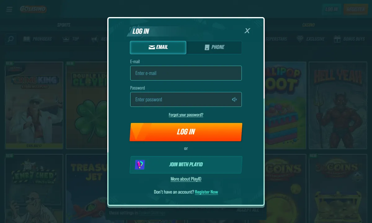 Anmeldefenster von Golisimo Casino im Leerzustand, oben der Umschalter zwischen Email und Phone, darunter die Eingabefelder und ganz unten Join with PlayID