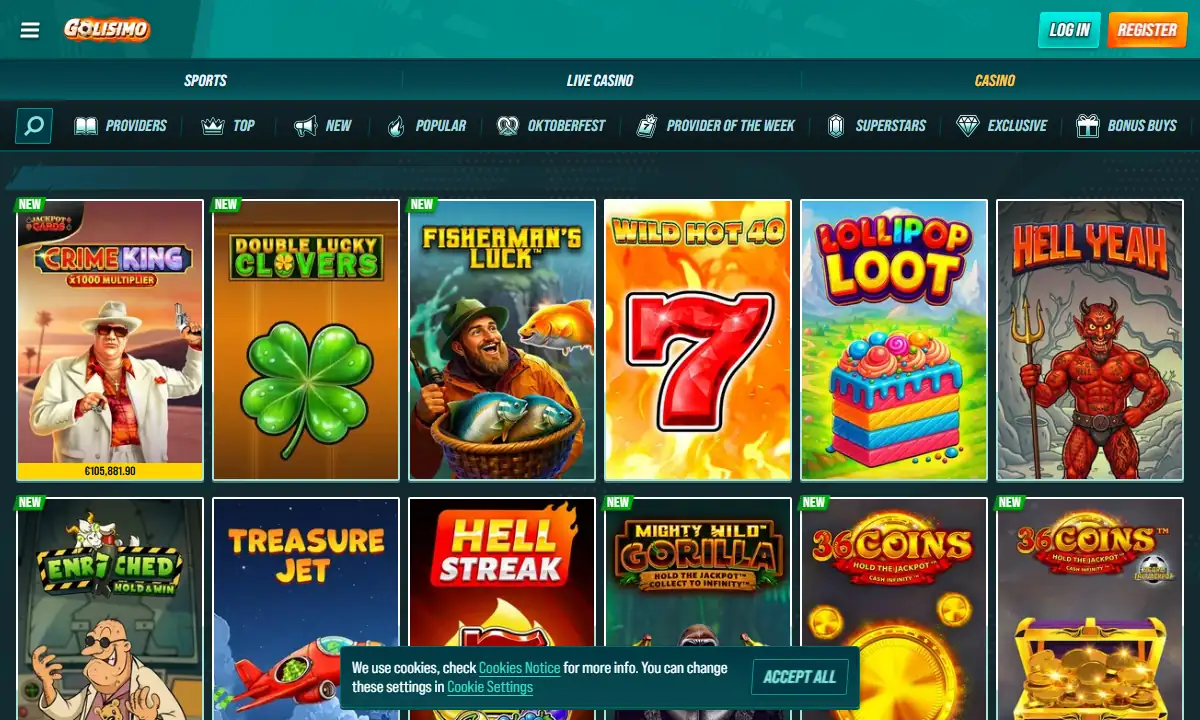 Spielelobby von Golisimo Casino mit der Kategorieleiste Providers, Top, New, Popular, Oktoberfest und Bonus Buys und den ersten zwölf Spielkacheln